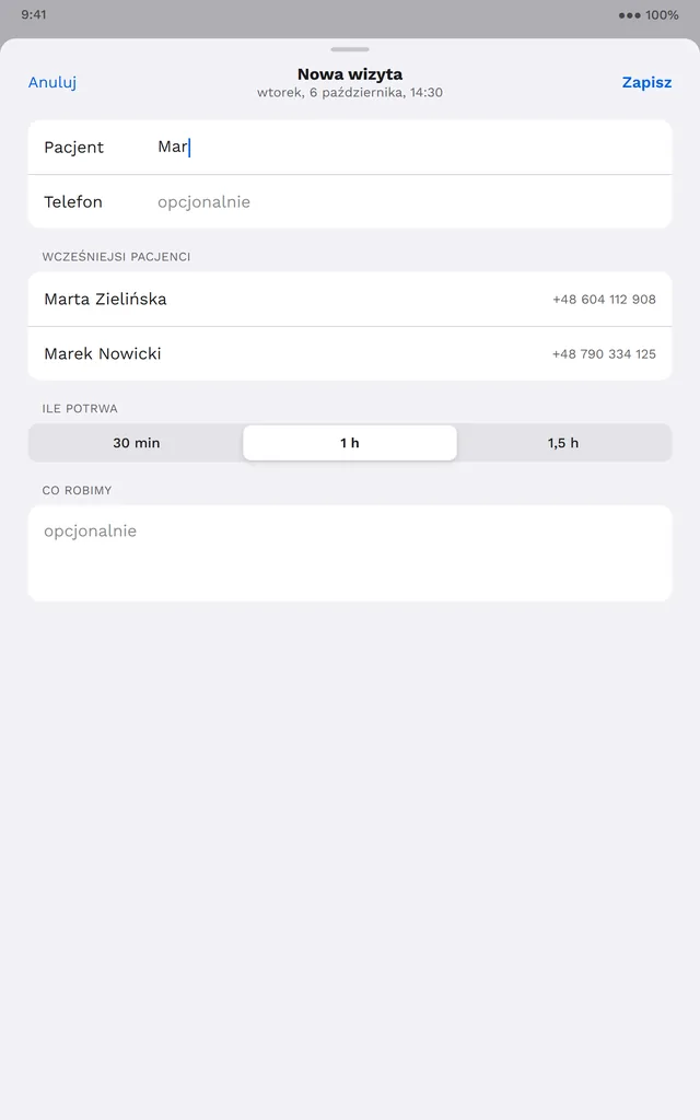Formularz nowej wizyty z podpowiedzią wcześniejszych pacjentów